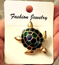 Emerald Green Deep Purple Enamel Shell Sea Turtle Pin Gold Plated NEW on Card - £11.85 GBP