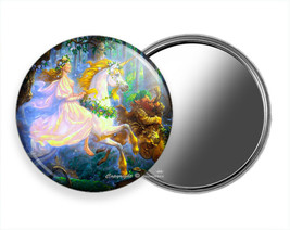 Whimsical Forest Fairy Girl Riding Unicorn Pocket Purse Makeup Mirror Gift Idea - £12.25 GBP+