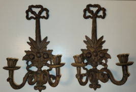Pair of Vintage Ornate Cast Iron Candle Wall Sconces Art Nouveau Patina Decor - £33.63 GBP