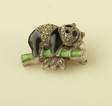 Sterling Silver and Marcasite enamel Panda and Bamboo Brooch Pin - £51.25 GBP