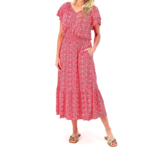 Destination 365 Printed Short-Sleeve Midi Dress Smocking - Red Abstract, Medium - £23.63 GBP