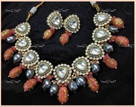 VeroniQ Trends-Party Wear Victorian Polki Choker Necklace In Fluorite/Coral Bead - £137.32 GBP