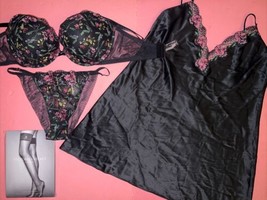 Victoria&#39;s Secret 36DD,36DDD,38DD Bra Set+Panty+Xl Slip Black Floral Embroidered - £132.43 GBP