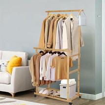 Clothes Rack With Shelf Bamboo Garment Display Rolling Double Rail Hange... - $54.99
