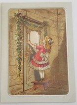 Victorian Christmas Card Young Girl Standing on Stool Red Dress - £9.96 GBP