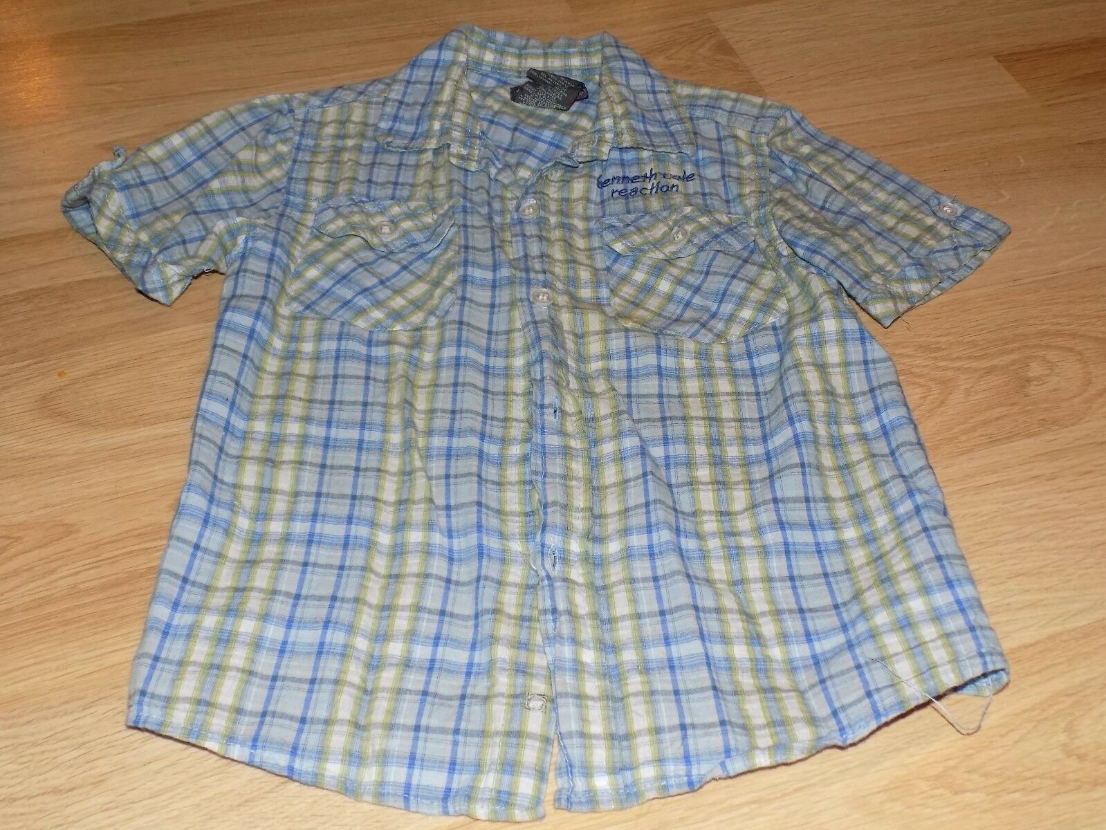 Boy's Size 5 Kenneth Cole Reaction Blue Plaid Gingham Button Up Shirt Peace Sign - £7.86 GBP