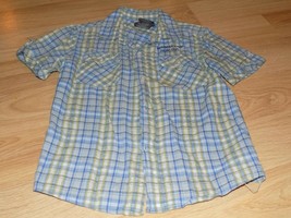 Boy&#39;s Size 5 Kenneth Cole Reaction Blue Plaid Gingham Button Up Shirt Peace Sign - £7.96 GBP