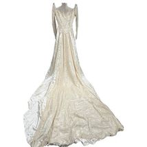 VTG 40s Hess  Ivory Skinner Satin Wedding Gown Lace Illusion Yoke Train XS - $490.99