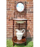 Antique English Wash Basin &amp; Pitcher Wood Stand, Mirror &amp;Candle Holders ... - $494.99