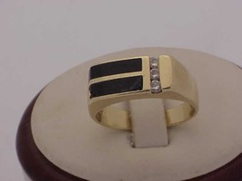 Unisex Estate 14kt Yellow Gold  Black Onyx  &amp; Diamonds Ring  Vintage, 1950s - £677.89 GBP