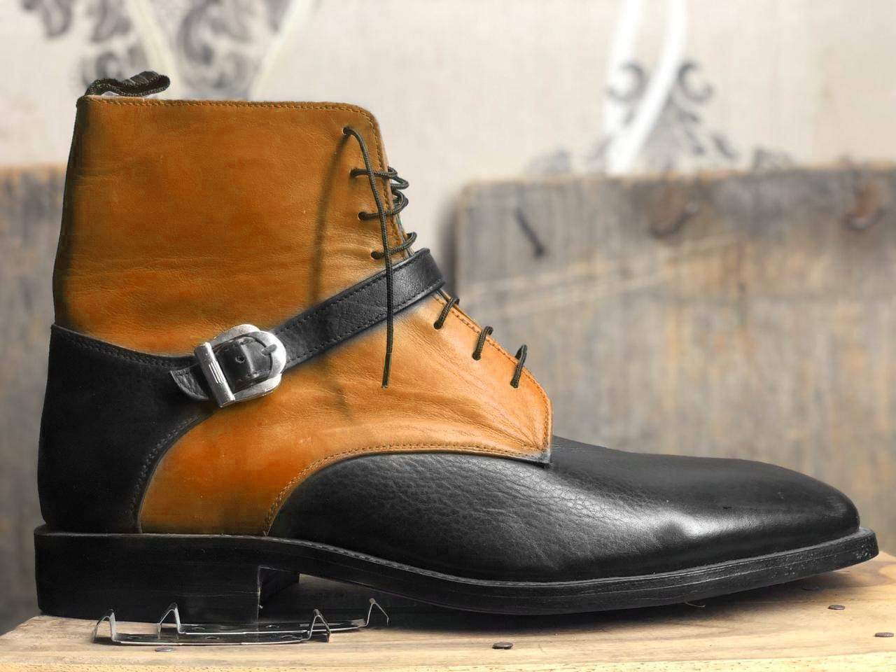 Handmade Men's Tan Black Leather Lace Up Buckle Strap Boots, Men Ankle Boots