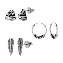 925 Silver Earrings Set - Oxidized Stud Earrings &amp; Bali Hoops - £16.29 GBP