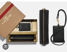 Coach Boxed Pencil Case Id Lanyard Set In Signature Leather NWT Black - £51.39 GBP