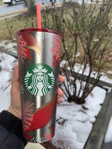 Starbucks Holiday 2019 Silver Holly Red Pink Stainless Steel  Cold Tumbler 24oz - £58.60 GBP