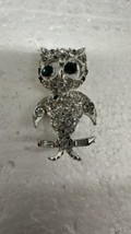 Vintage Figural Silvertone Rhinestone Owl Brooch Pin w/ Green Rhinestone Eyes - £11.67 GBP