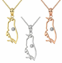 10k 14k Solid Gold Diamond Penguin Seabird Outline Openwork Pendant Necklace - £95.70 GBP+