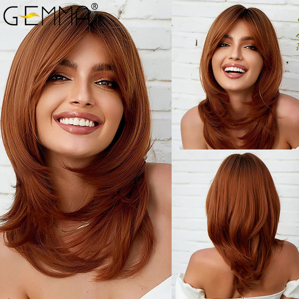 GEMMA Long Straight Ginger Layered Synthetic Wigs with Side Bangs Cosplay Daily - £25.01 GBP+