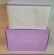 Clinique Cosmetic Bag Pouch Clutch White Blue Sparkly Specks Textured NEW Zipper - £11.18 GBP