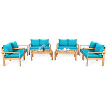 8PCS Outdoor  Furniture Set Acacia Wood Thick Cushion Loveseat Sofa Turquoise - £927.22 GBP