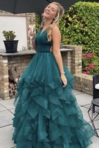 V Neck Backless Fluffy Green Long Prom Dress, Backless Green Formal Even... - £139.02 GBP