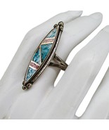 Vintage Chip Inlay Navajo Sterling Silver Turquoise &amp; Coral Ring Sz 8.75 - $74.44 CAD