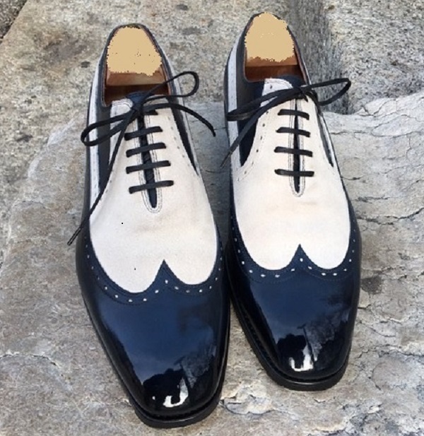 Men Black White Cont Wing Tip Rounded Plain Toe Derby Real Leather Shoes US 7-16