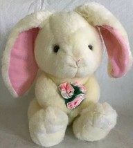 Vintage Russ Berrie Plush White Bunny Rabbit Long Ears BLOSSOM w\ Flower Bouquet - £24.17 GBP