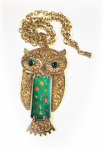 Large Vintage Enameled 4 Inch Owl Pendant Necklace Tassel Signature Tag - £22.68 GBP