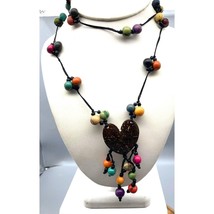 Vintage Beaded Boho Cord Necklace, Colorful Beachy Vibes with Coconut Shell - £22.07 GBP