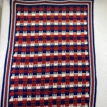 Vintage Crocheted Afghan 54&quot; x 38&quot;Throw Blanket Patriotic Red White Blue - £23.85 GBP