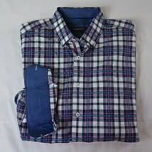 BUGATCHI Medium Classic Fit Navy Blue Plaid Flip Cuff Dress Shirt - $24.49