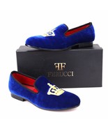 Handmade  FERUCCI Men blue Velvet Slippers loafers with Crown davucci - £110.26 GBP
