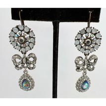 Betsey Johnson Dangle Earrings AB Aurora Borealis Gemstones Bow Teardrop 2.25&quot; - $14.50