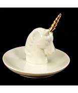 Unicorn Figure White Ceramic Trinket Dish Tray Gold Horn Jewelry Holder NEW - $14.06