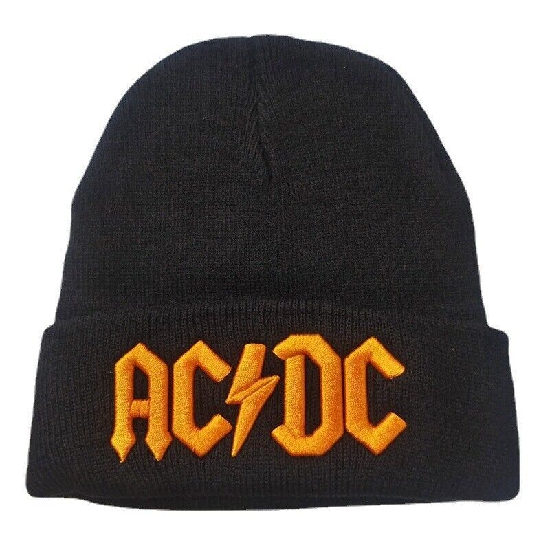 Primary image for AC/DC Knit Ski Hat Beanie Black and Orange Heavy Metal 80's Rock Lovers Gift