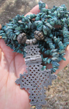 100% Authentic Ethiopian Coptic Tribal silver Cross Pendant &amp; Turquoise Necklace - £278.75 GBP