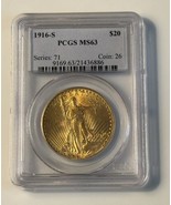 1916-S Saint-Gaudens $20 Double Eagle Gold 1 Ounce Coin PCGS MS63 - With... - £3,009.89 GBP
