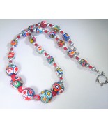 Necklace Bead Multi Color Blue Red Silver 20&quot; Appx. Toggle Upcycled Hand... - $15.00