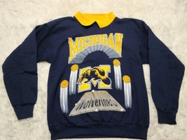 Michigan Wolverines Collar Sweatshirt L Mascot 80s Spellout Pullover Blu... - £25.20 GBP