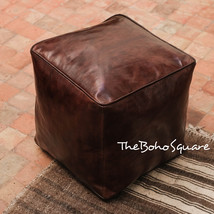 Handmade &amp; Hand-Stitched Moroccan Pouf Square Genuine Leather, Dark Brown Color - £67.93 GBP