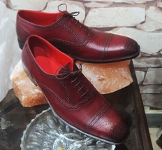 Handmade Men’s Leather Lace Up Shoes, Men’s Burgundy Cap Toe Brogue Dres... - £115.63 GBP+