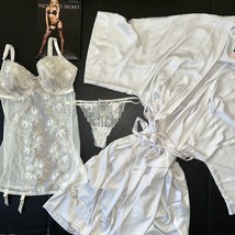 Victoria&#39;s Secret 34D Garter Slip Dress+Robe White Silver Taupe Sexy Seduction - £149.90 GBP