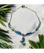 Handmade Art Glass Necklace Leaf Leaves Blue Green Long 24&quot; Beaded Artisan - £37.18 GBP