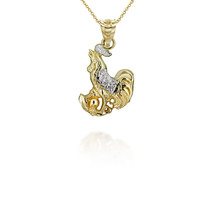 14K Solid Gold 2 Tone Chinese Lunar Year of the Rooster Diamond Pendant Necklace - £134.23 GBP+
