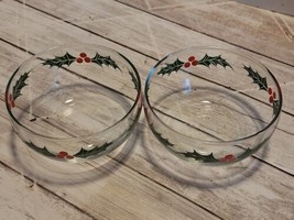 2 Vintage Libbey Canada Clear Glass Candy Dish/Bowls 4.5&quot;x 2.25&quot; w/holly &amp; berry - £8.18 GBP