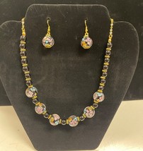 Vintage Set Hand Painted Glass Bead Necklace and Earrings - $51.32 CAD