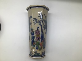 Vintage Asian Ceramic Vase Blue Multicolor Scene 10&quot;x4&quot; Hexagonal - $23.75