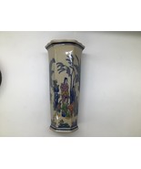 Vintage Asian Ceramic Vase Blue Multicolor Scene 10&quot;x4&quot; Hexagonal - $439.09 MXN