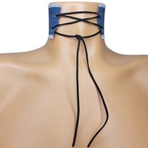 Denim Choker Lace Up Front Ties Corset Style Frayed Edges Collar Blue 996537 - £14.23 GBP