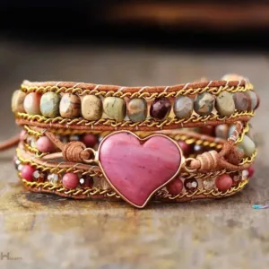 Rhodonite Heart Wrap Bracelet Handcrafted Bohemian Style with Adjustable... - $37.00